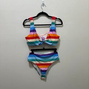 New Never Worn! Multi-Color Striped Tie Front Bikini